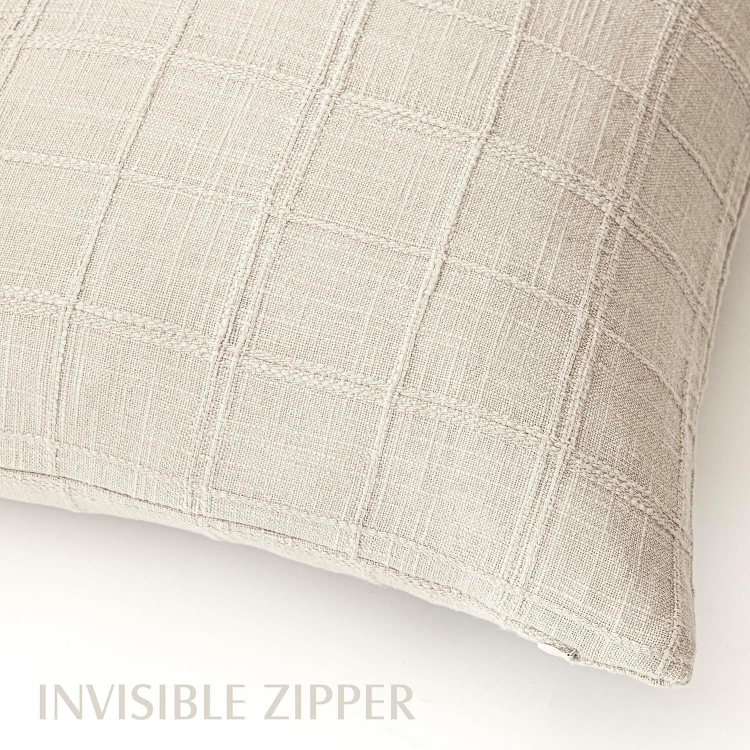 Set of 2 Decorative Linen Check Throw Pillow Covers Neutral Farmhouse Vintage Cushion Covers Modern Boho Home Decor for Sofa Chair Couch Bedroom Living Room,18×18 Inch,Beige