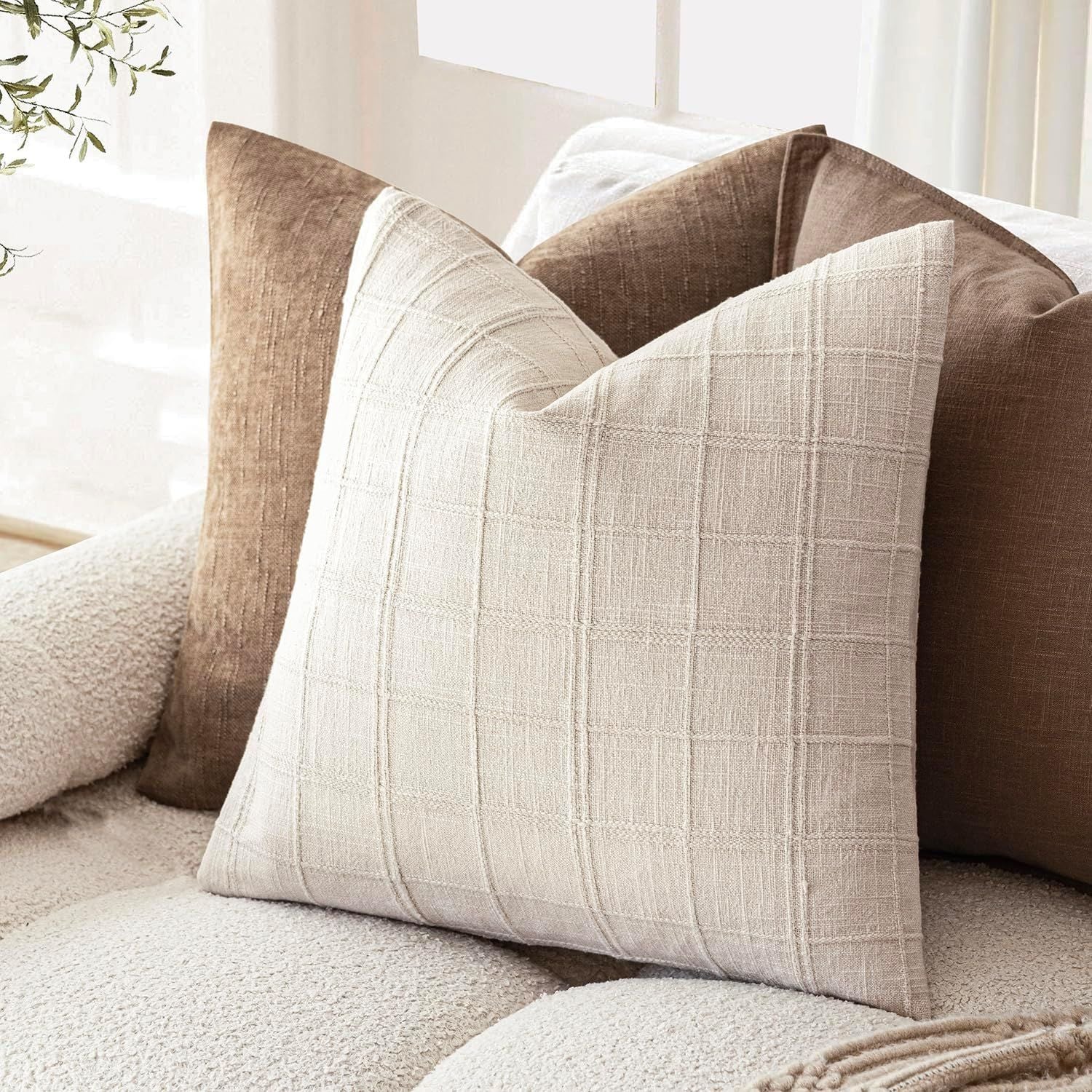 Set of 2 Decorative Linen Check Throw Pillow Covers Neutral Farmhouse Vintage Cushion Covers Modern Boho Home Decor for Sofa Chair Couch Bedroom Living Room,18×18 Inch,Beige