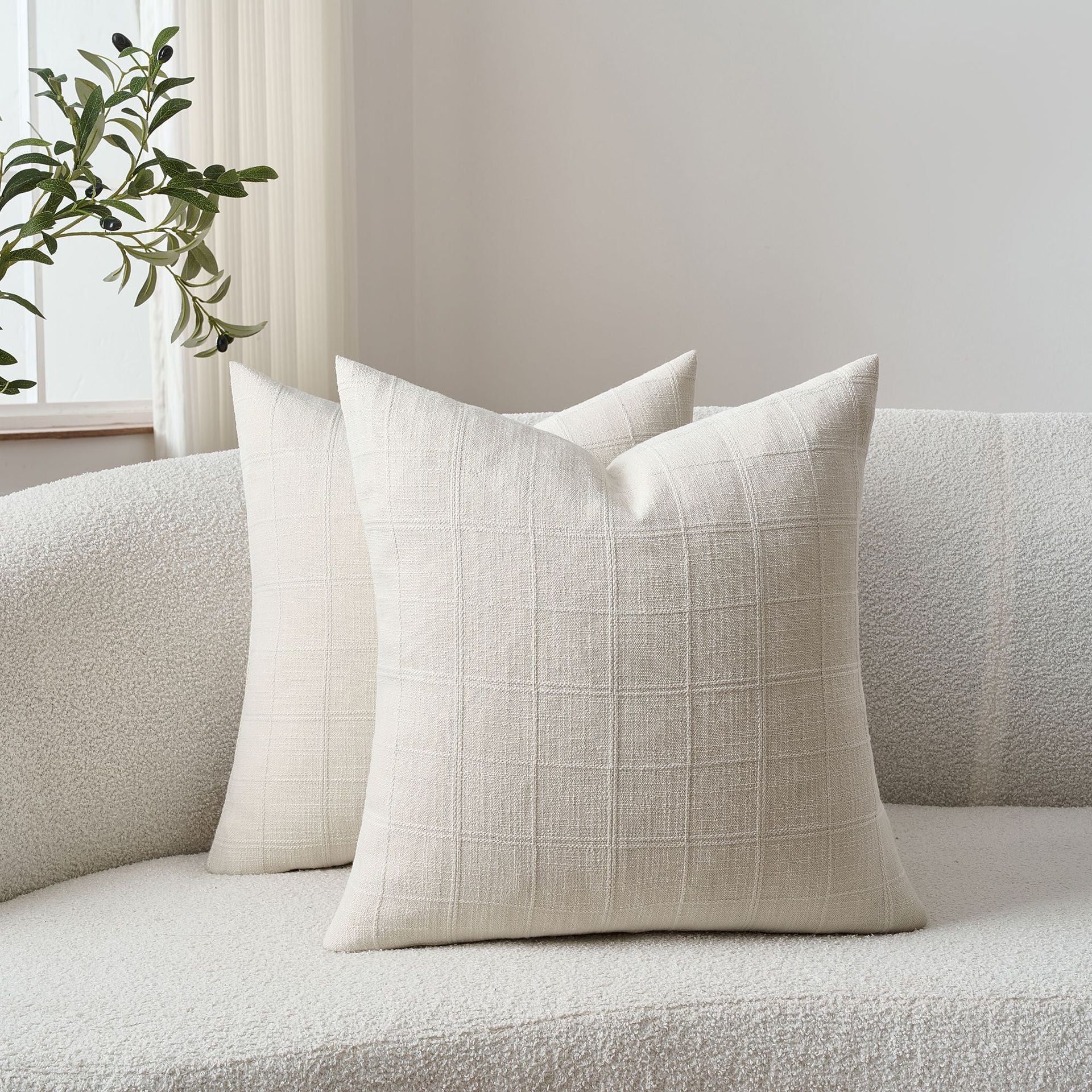 Set of 2 Decorative Linen Check Throw Pillow Covers Neutral Farmhouse Vintage Cushion Covers Modern Boho Home Decor for Sofa Chair Couch Bedroom Living Room,18×18 Inch,Beige