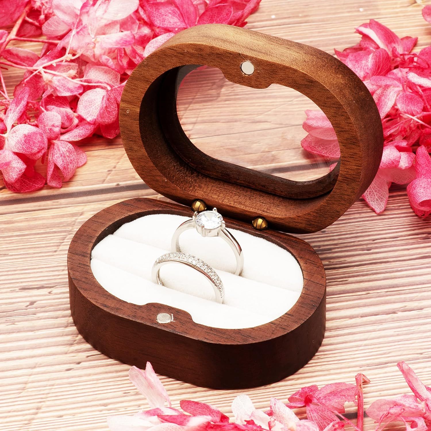 2pcs Oval Small Walnut Wooden Ring Box for 2 Rings, Ring Holder for Engagement Wedding Ceremony Marriage Birthday (white open window)