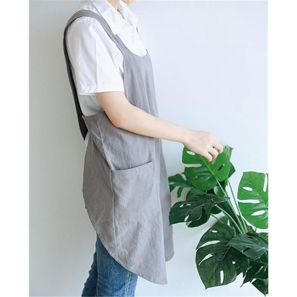 Drawing apron, female art student, artistic floral apron, coffee shop bookstore work uniform Linen Cotton Cross Back Pinafore Apron（grey）