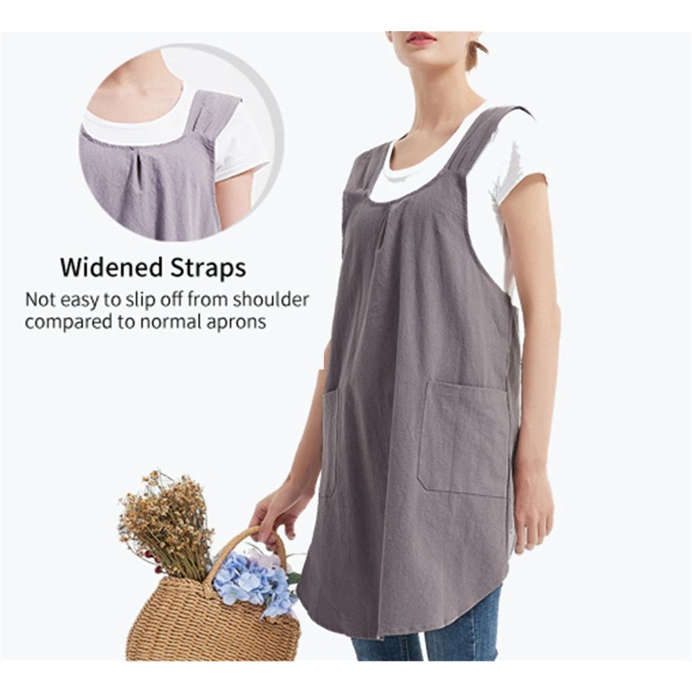 Drawing apron, female art student, artistic floral apron, coffee shop bookstore work uniform Linen Cotton Cross Back Pinafore Apron（grey）