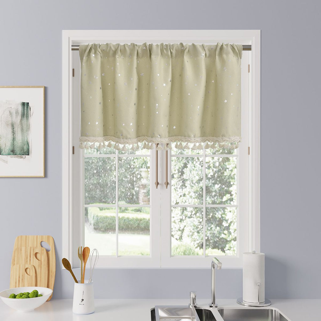 Kitchen Valance Curtain Star Pattern Short Cafe Curtain for and Cabinets Lightweight Easy to Install Boho Decor（beige 76cm*60cm）