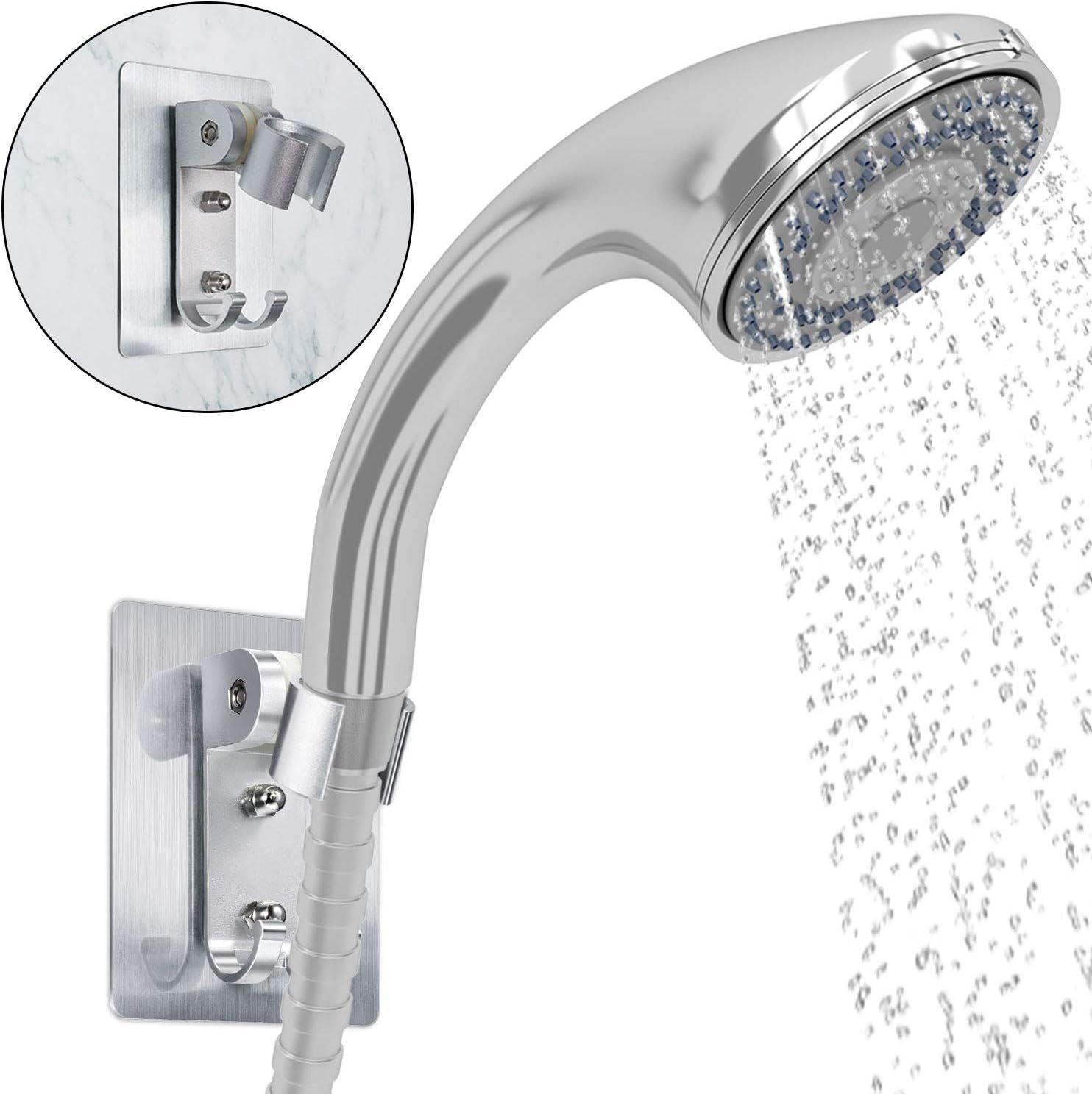 2pcs Strong Adhesive Shower Head Holder  Adjustable Shower Wand Holder,Handheld Shower Head Wall Mount Bracket with 2 Hanger Hooks,