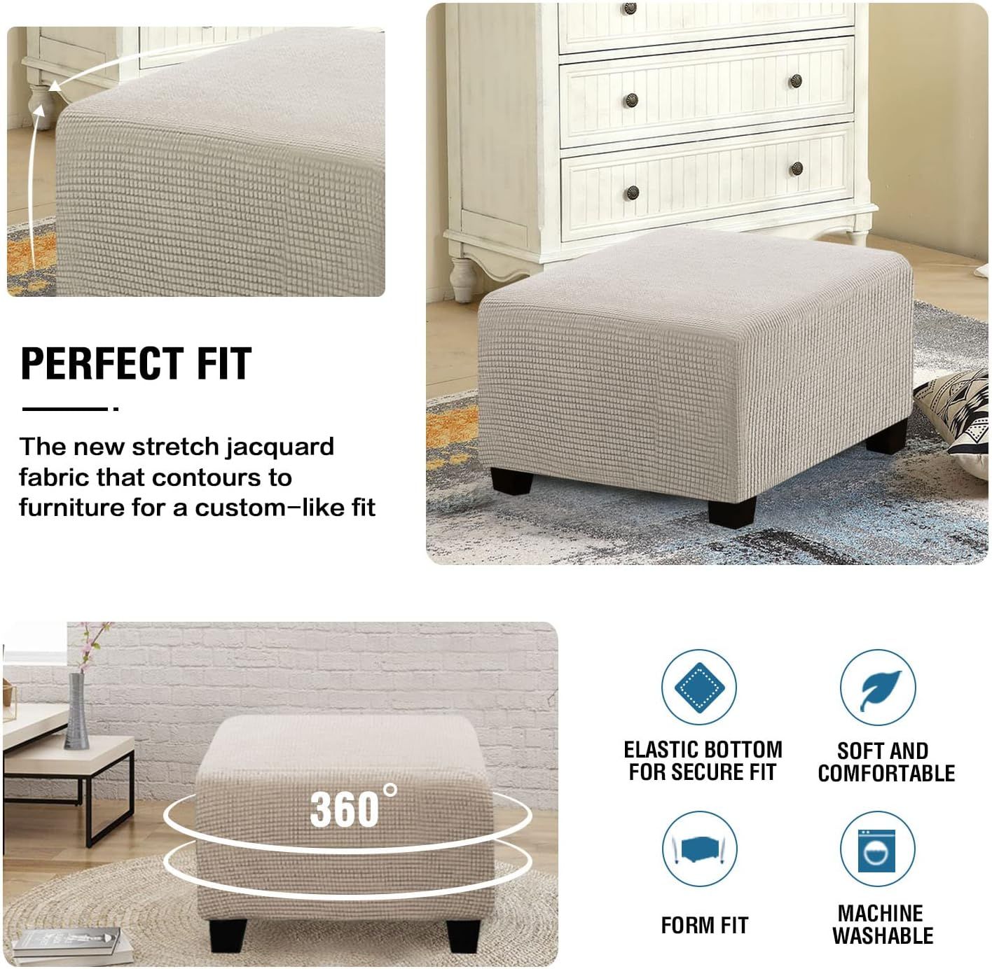 Square  Covers Slipcovers Folding Storage Stool Furniture Protector Form Fit with Elastic Bottom, Stretch High  Small Checks Jacquard Fabric(M，white)