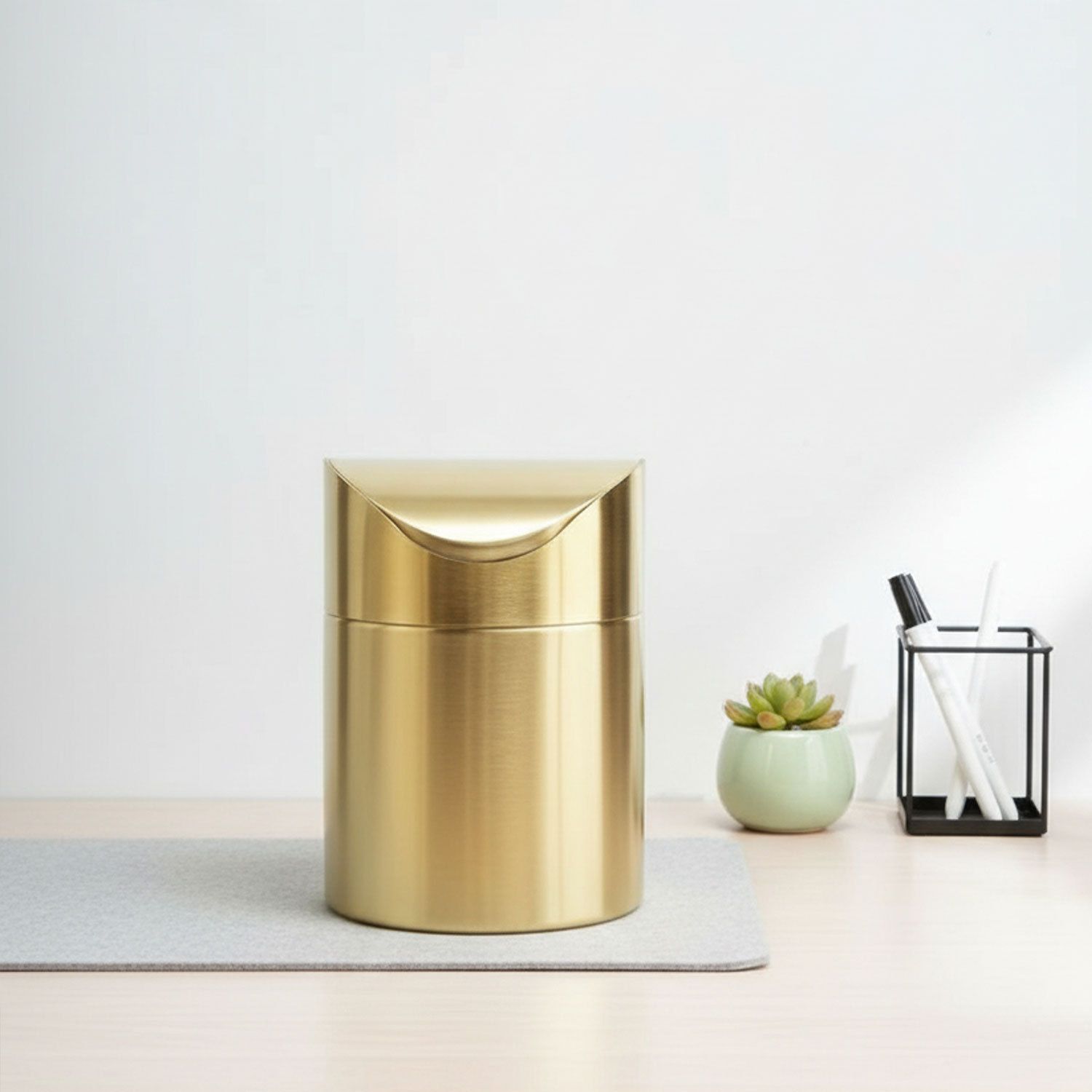 Stainless Steel Trash Can with Swing Lid, Mini Countertop Trash Bin Bathroom, Golden Desktop Garbage Cans Tiny Kitchen Waste Bins with Trash Bag