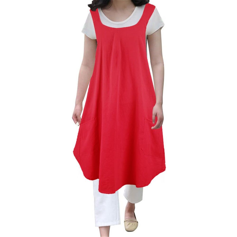 Soft   Polyester  Apron Cross Back Aprons with 2 Pockets Women’s  Square Apron Garden Smock for Baking Cooking Red