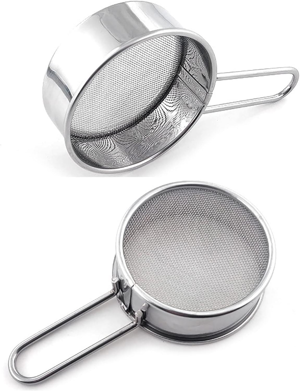 2pcs Small Strainer, Flour Colander Mini Small Flour Sifter for Baking Powder Sugar Coffee Pastas Tea,  Stainless Steel Food Strainer Mini Sifter with Handle