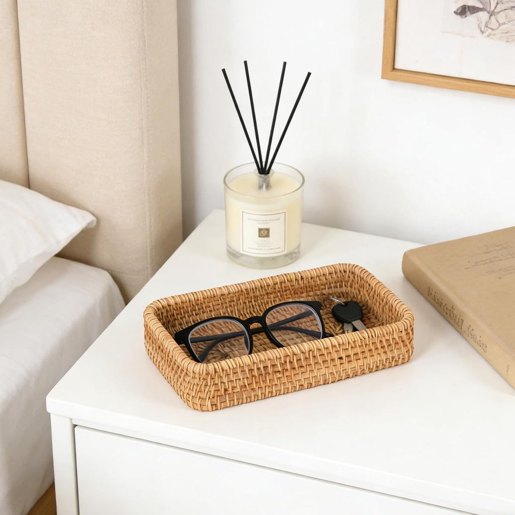 Small Rattan Serving Tray, Natural Wicker Decorative Tray Handwoven for Keys Trinkets Rings Cosmetics, Decorative Jewelry Perfume Tray for Coffee Table Entryway Living Room(Small)