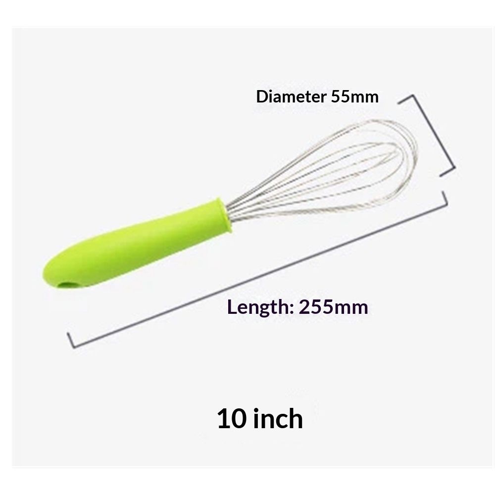 Stainless steel manual egg beater with silicone handle, egg white and cream whisk, household and commercial baking tools, mixer（Green P-handle egg beater 10 inches）
