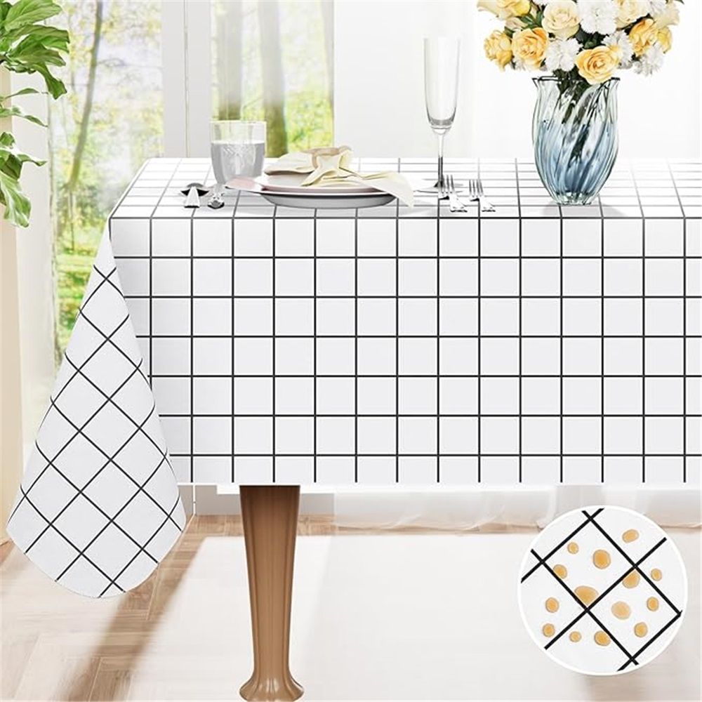 Rectangular checkered tablecloth PEVA for kitchen dining, picnic and camping, wrinkle free and washable tablecloth, black+white, 137*90cm