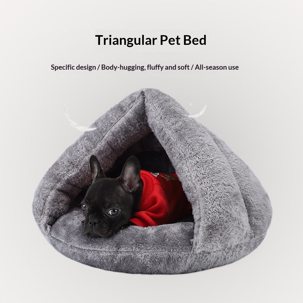 Pet tent cave bed suitable for small and medium-sized cats and dogs, sleeping bag, thick and warm slippers, comfortable dog bed, triangle bed suitable for cats and dogs (gray S)