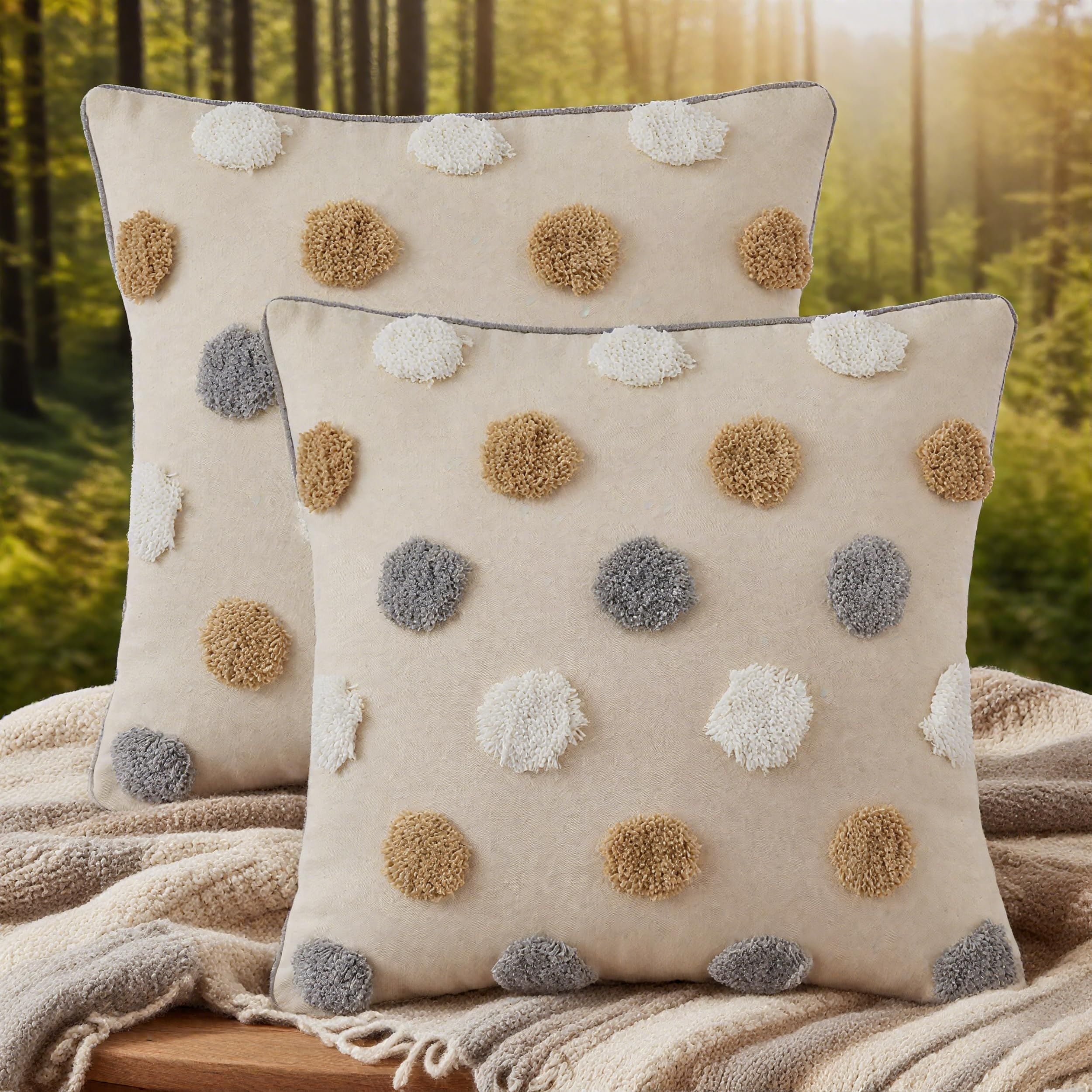 Simple&Opulence Boho Throw Pillow Covers 45*45cm Set of 2, Tufted Jacquard Cotton Canvas Cushion Cases, Fluffy Soft Farmhouse Textured Pillowcase for Outdoor Couch Bed Car Decor (Excluding core)