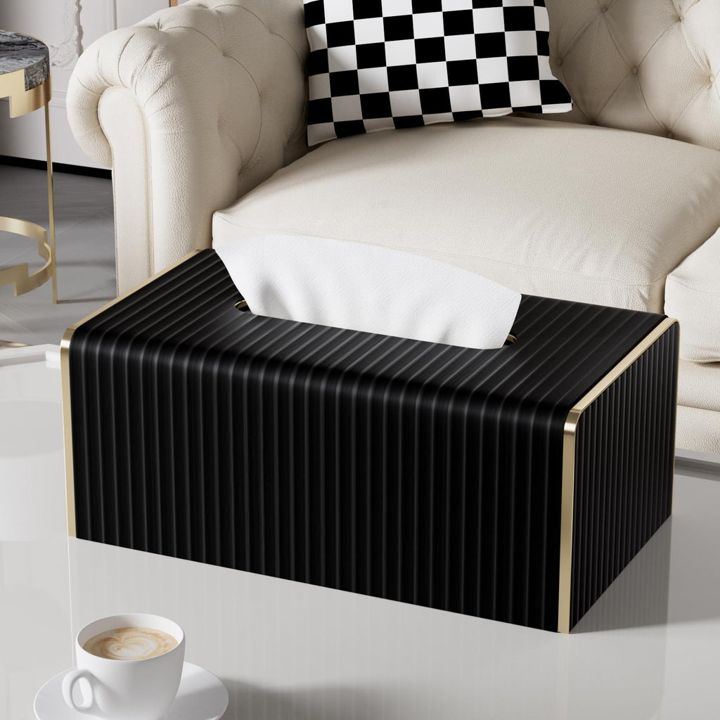 Tissue Box Cover,Black Rectangle PU Leather Tissue Holder with Gold-Tone Edging Accents,Tissue Box Cover for Bathroom Toilet Bedroom Living Room Office,Countertop