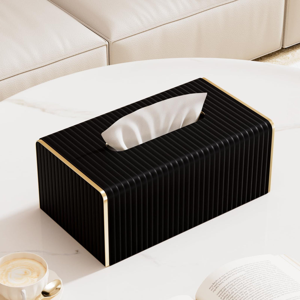 Tissue Box Cover,Black Rectangle PU Leather Tissue Holder with Gold-Tone Edging Accents,Tissue Box Cover for Bathroom Toilet Bedroom Living Room Office,Countertop