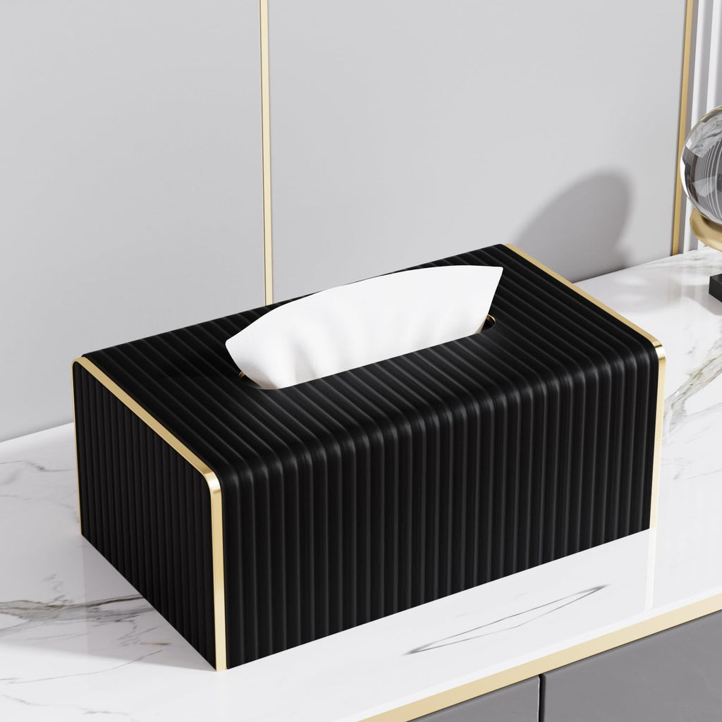 Tissue Box Cover,Black Rectangle PU Leather Tissue Holder with Gold-Tone Edging Accents,Tissue Box Cover for Bathroom Toilet Bedroom Living Room Office,Countertop