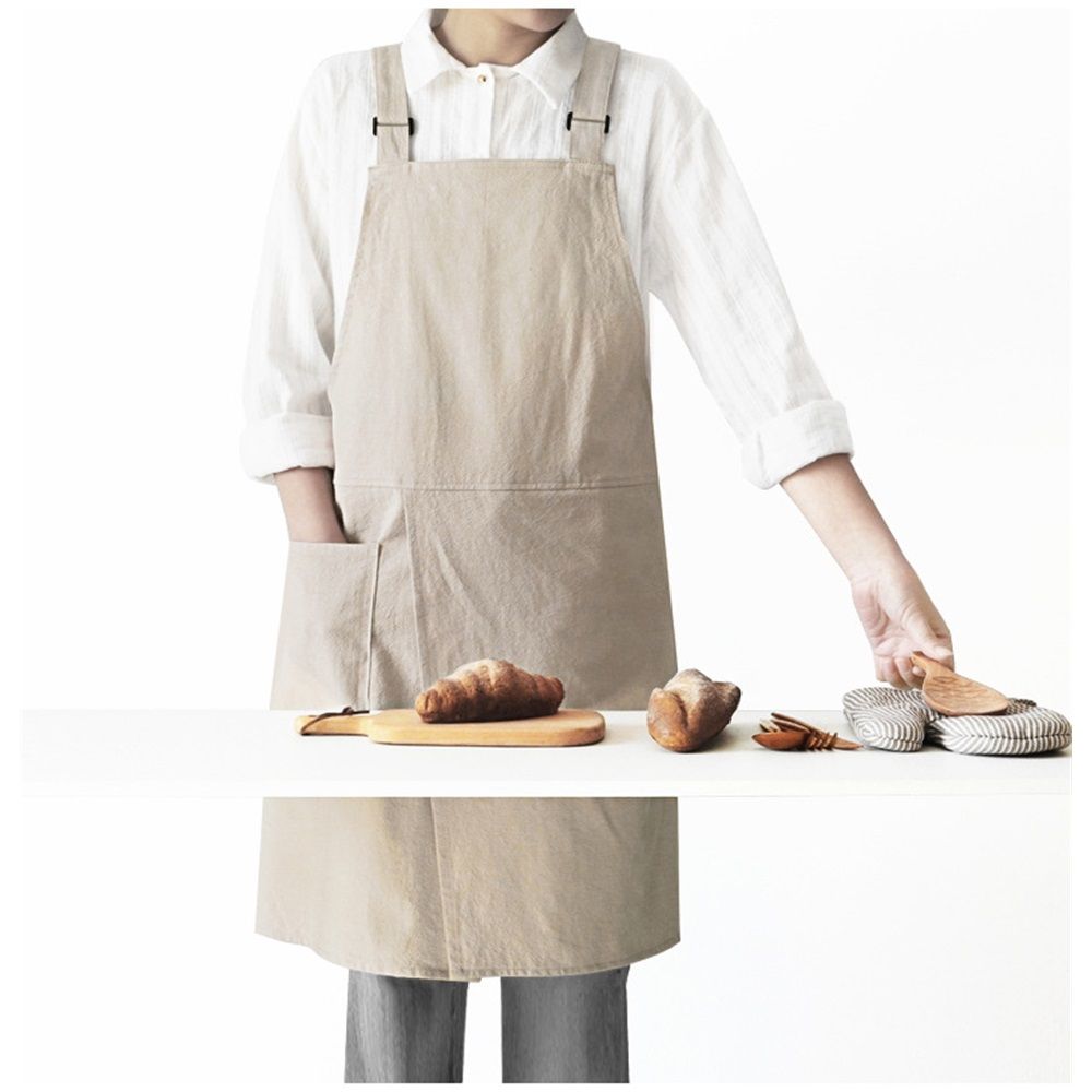 Cotton and linen double shoulder apron, suitable for home kitchen, catering, baking, workwear, cover with pockets, suitable for both men and women (beige)