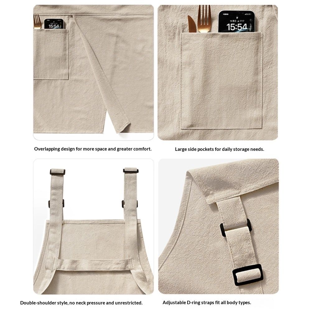 Cotton and linen double shoulder apron, suitable for home kitchen, catering, baking, workwear, cover with pockets, suitable for both men and women (beige)