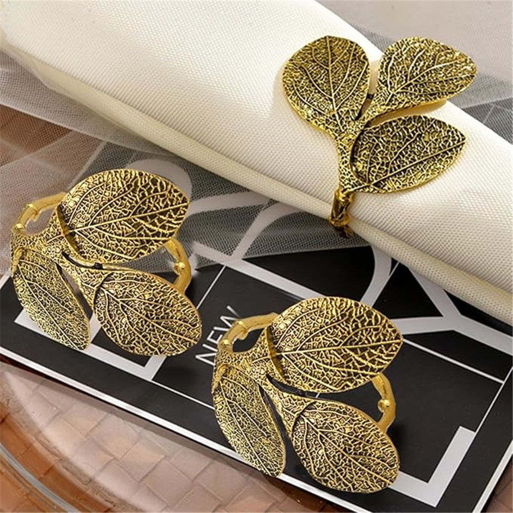 Gold  Napkin Rings - Set of 6 Natural Metal  Leaves Napkin Holders for Wedding Party and Daily Use, a Beautiful complement to Your Dinner Table Décor ( Golden)