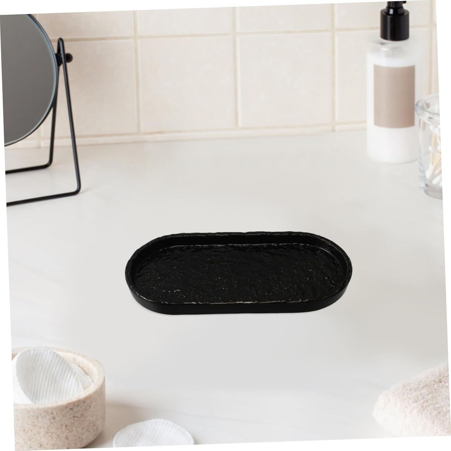 oval black ceramic tray for bathroom vanity, solid stone perfume dispenser and decorative kitchen countertop tray
