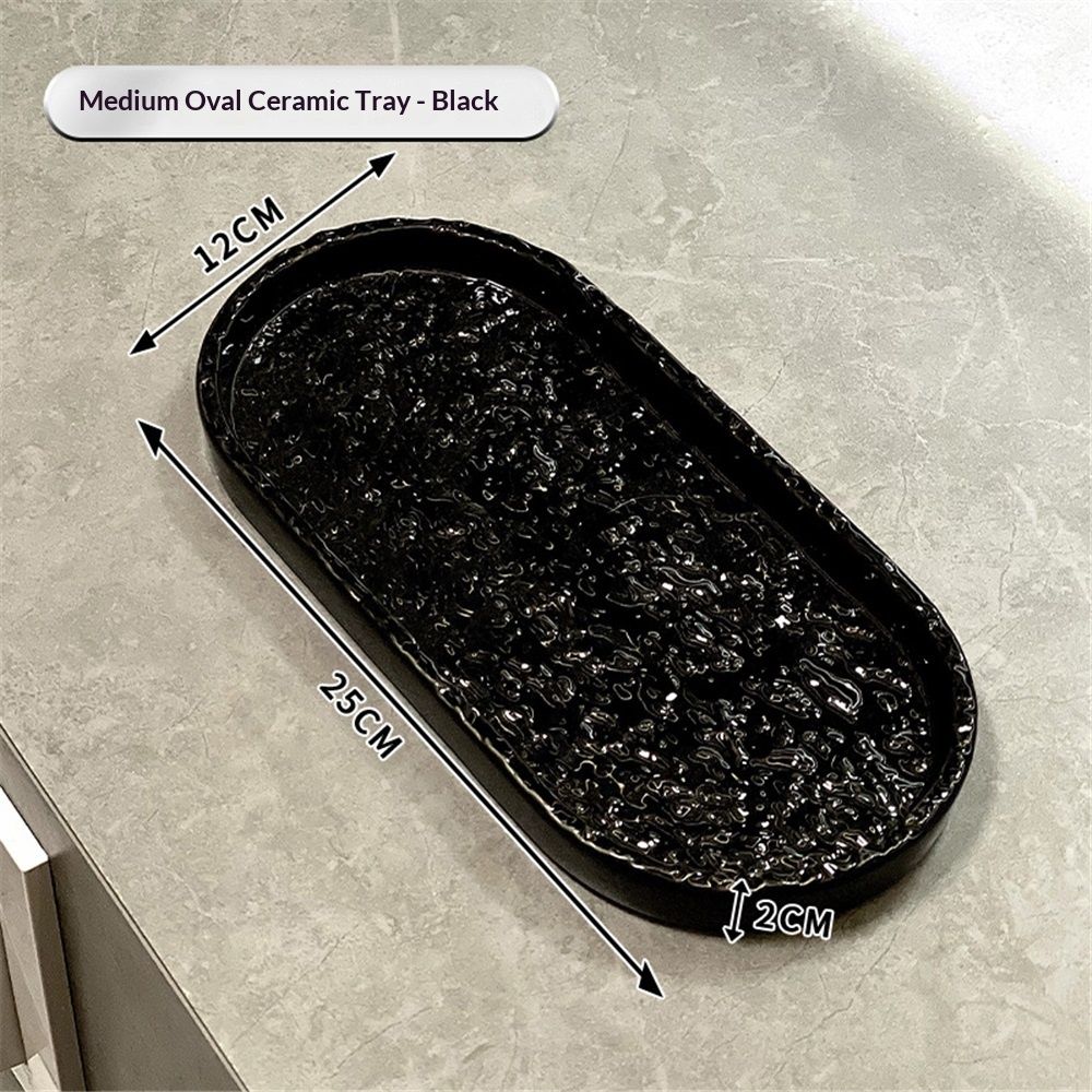 oval black ceramic tray for bathroom vanity, solid stone perfume dispenser and decorative kitchen countertop tray