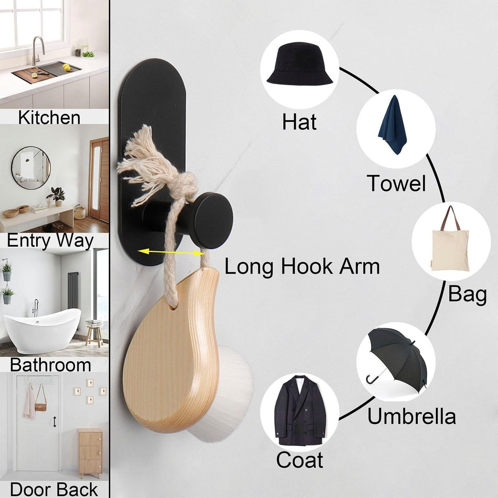 Adhesive Towel Hooks for Bathrooms 2 Pack Matte Black Stainless Steel  Sticky Wall Hooks for Hanging Heavy Duty Self Adhesive Robe Shower Hanger for Kitchen, Closet, Cabinet, Door