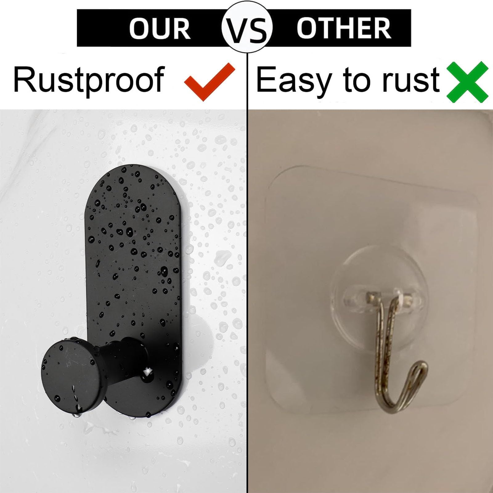 Adhesive Towel Hooks for Bathrooms 2 Pack Matte Black Stainless Steel  Sticky Wall Hooks for Hanging Heavy Duty Self Adhesive Robe Shower Hanger for Kitchen, Closet, Cabinet, Door