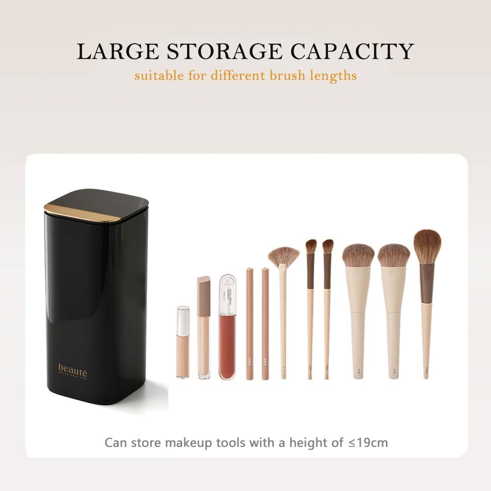 Push Pop-Up Makeup Brush Holder with Lid,Makeup Brush Organizer, Makeup Cosmetics Organizer for Vanity Decor, Bathroom Countertop,black gold