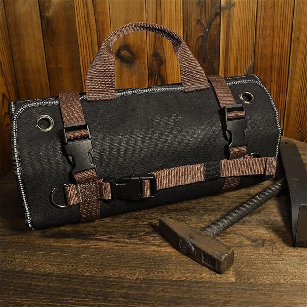 Heavy-Duty Waxed Canvas Tool Roll, 7-Pockets Tool Wrap Roll, 15L Tool Roll Bag, Large Roll Up Tool Bag For Mechanics.（black）