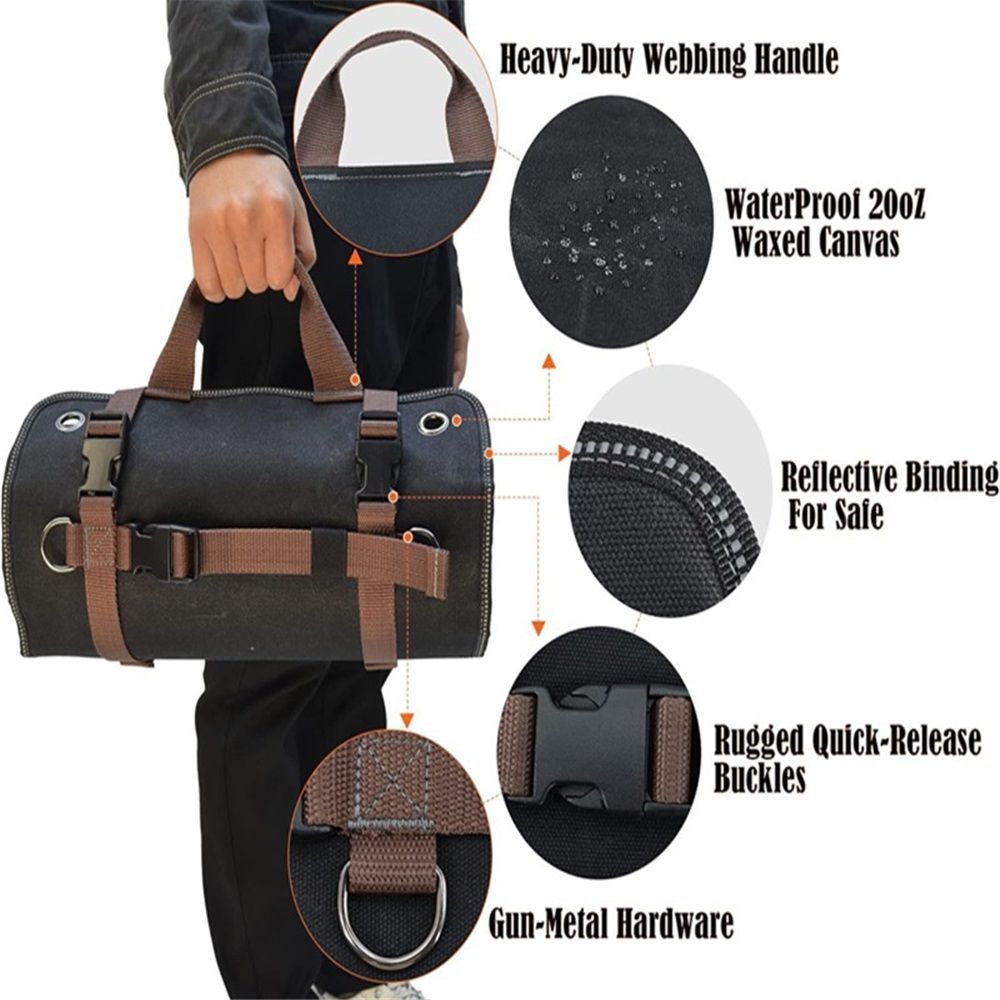 Heavy-Duty Waxed Canvas Tool Roll, 7-Pockets Tool Wrap Roll, 15L Tool Roll Bag, Large Roll Up Tool Bag For Mechanics.（black）