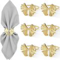 Fall Napkin Rings Set of 6, Ginkgo Leaf Bow Napkins Holders Rings for Holiday Party Dinner Wedding Banquet Dinning Table Settings - Gold