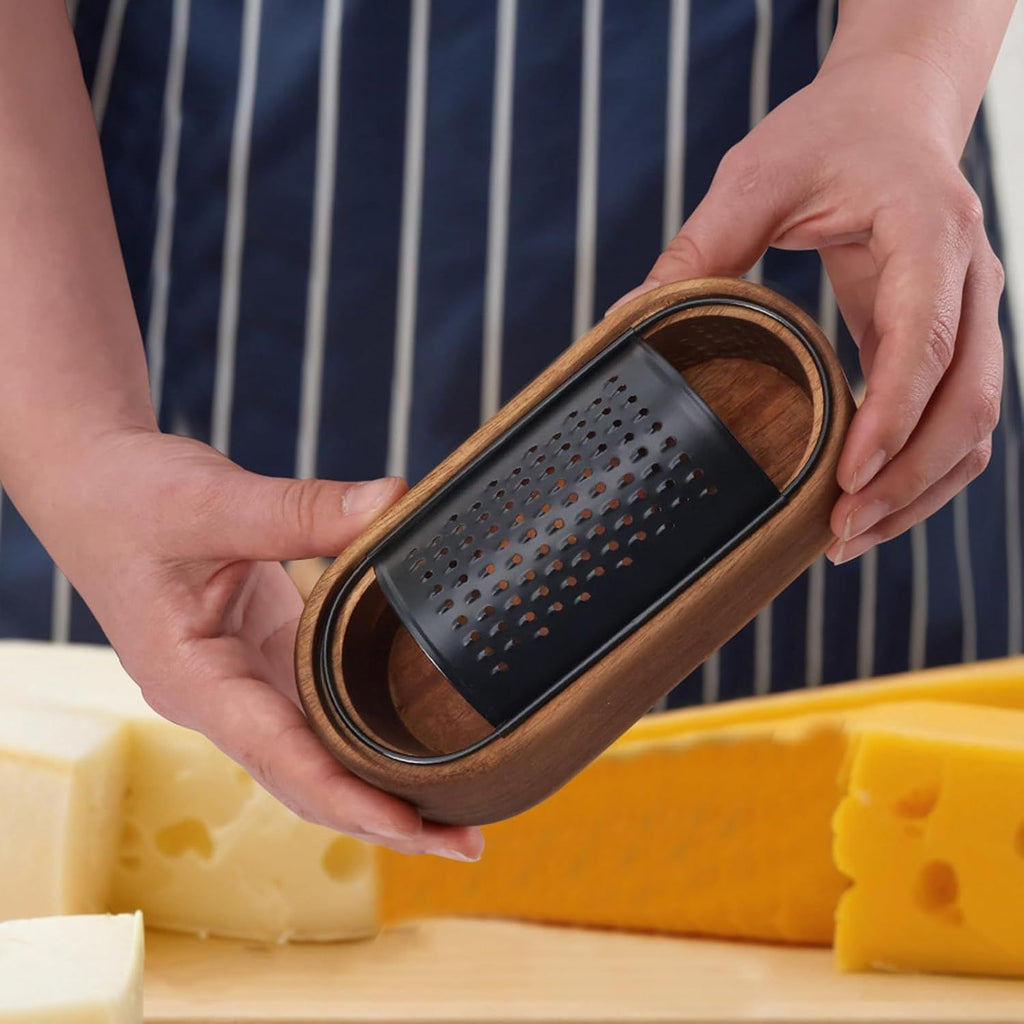 Acacia wood cheese grater, black multifunctional stainless steel fruit and vegetable cheese grater box, grater, kitchen tool(Without Handle)
