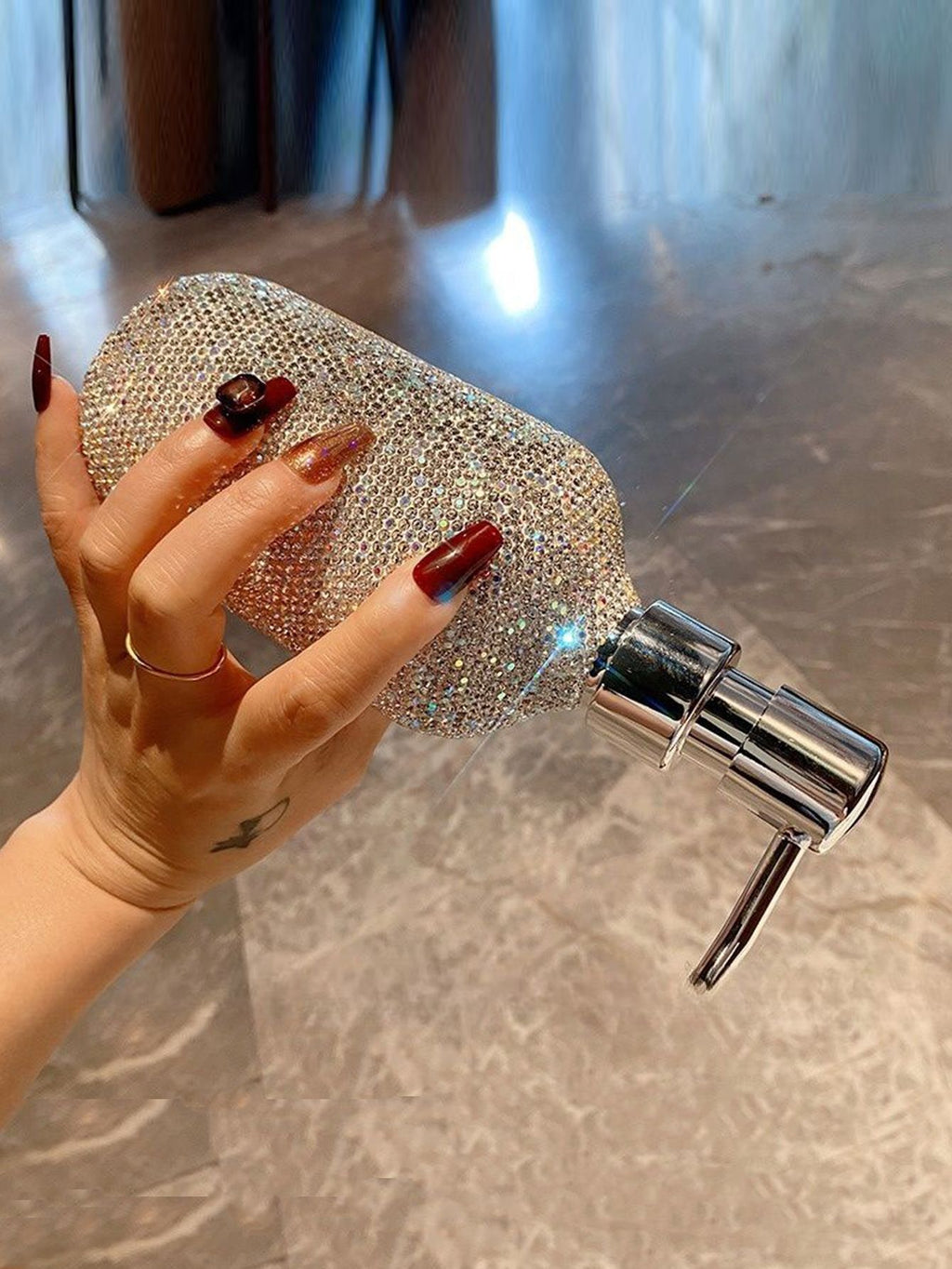 Bling Glass Soap Dispenser with Rust Proof Stainless Steel Pump,Refillable Liquid Hand Wash Bottle for Bathroom Kitchen,Sparkle Decorative Shower Dispenser-500ml