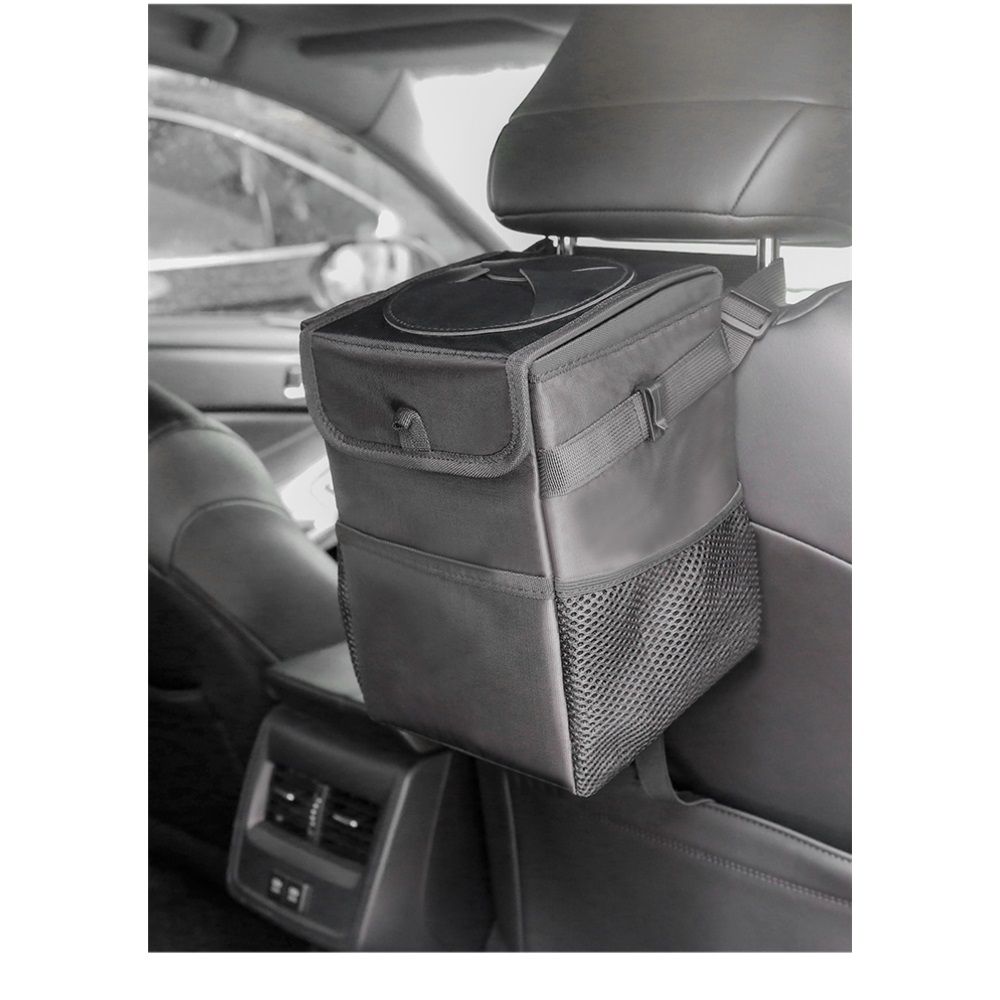 Car Garbage can with lid Leak Proof Vehicle Trash Can 3 Storage Pockets Hanging Waterproof car Trash Bag for SUV Black