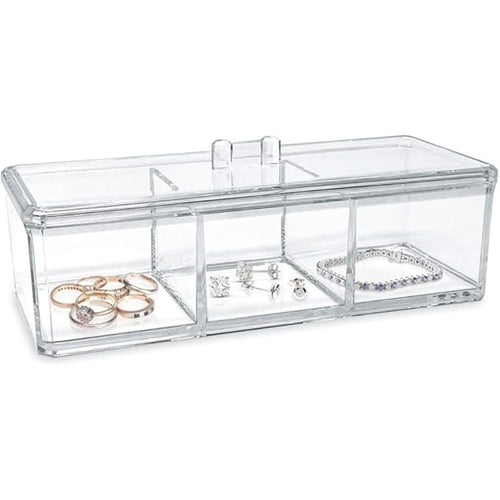 3-Compartment Clear Acrylic Rectangular Stackable Organizer with Lid, Multi-Sectional Drawer Tray, Storage Solution for Makeup, Craft Supplies, for Bathroom, Kitchen, Office (1, Clear)
