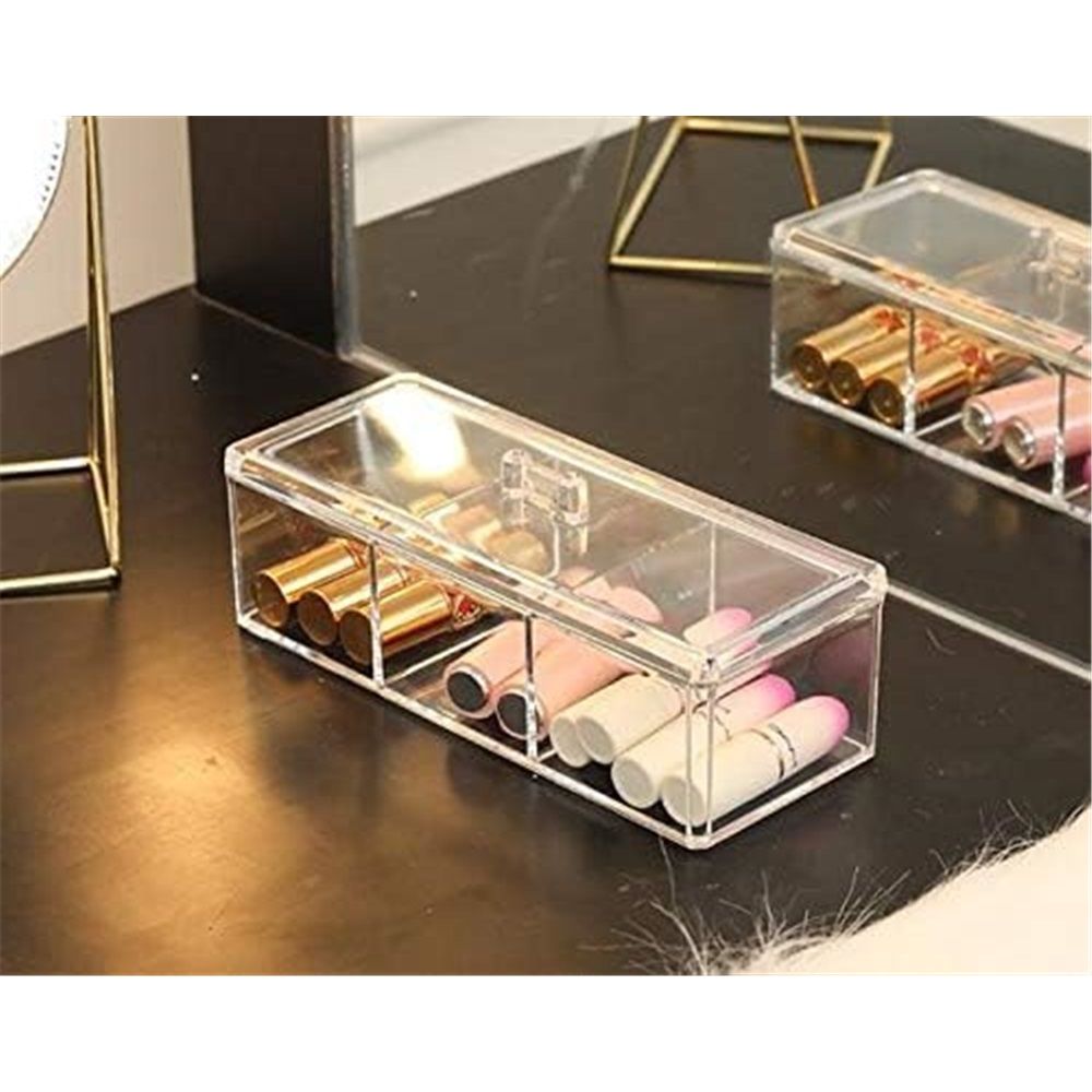 3-Compartment Clear Acrylic Rectangular Stackable Organizer with Lid, Multi-Sectional Drawer Tray, Storage Solution for Makeup, Craft Supplies, for Bathroom, Kitchen, Office (1, Clear)