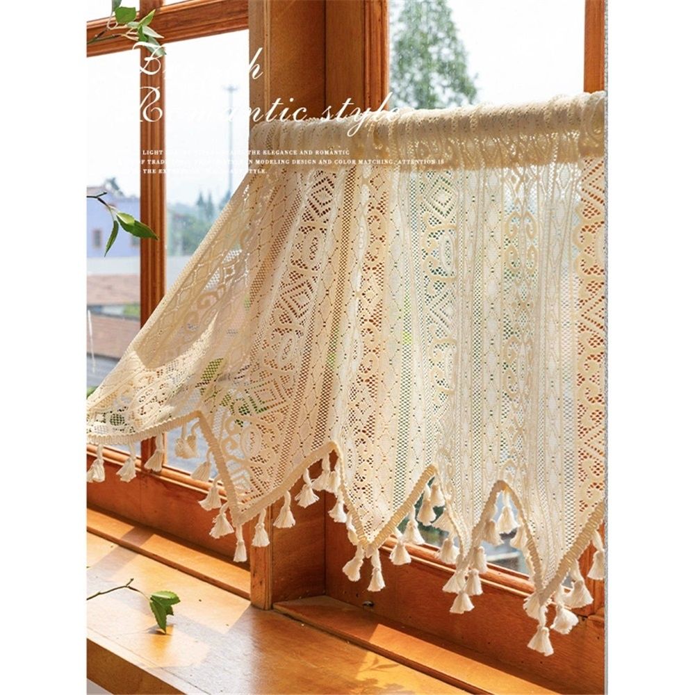 Bohemian crochet lace window decoration kitchen transparent strip tassel retro farmhouse beige country crochet coffee shop curtain 1 piece (beige, 132 * 45cm)