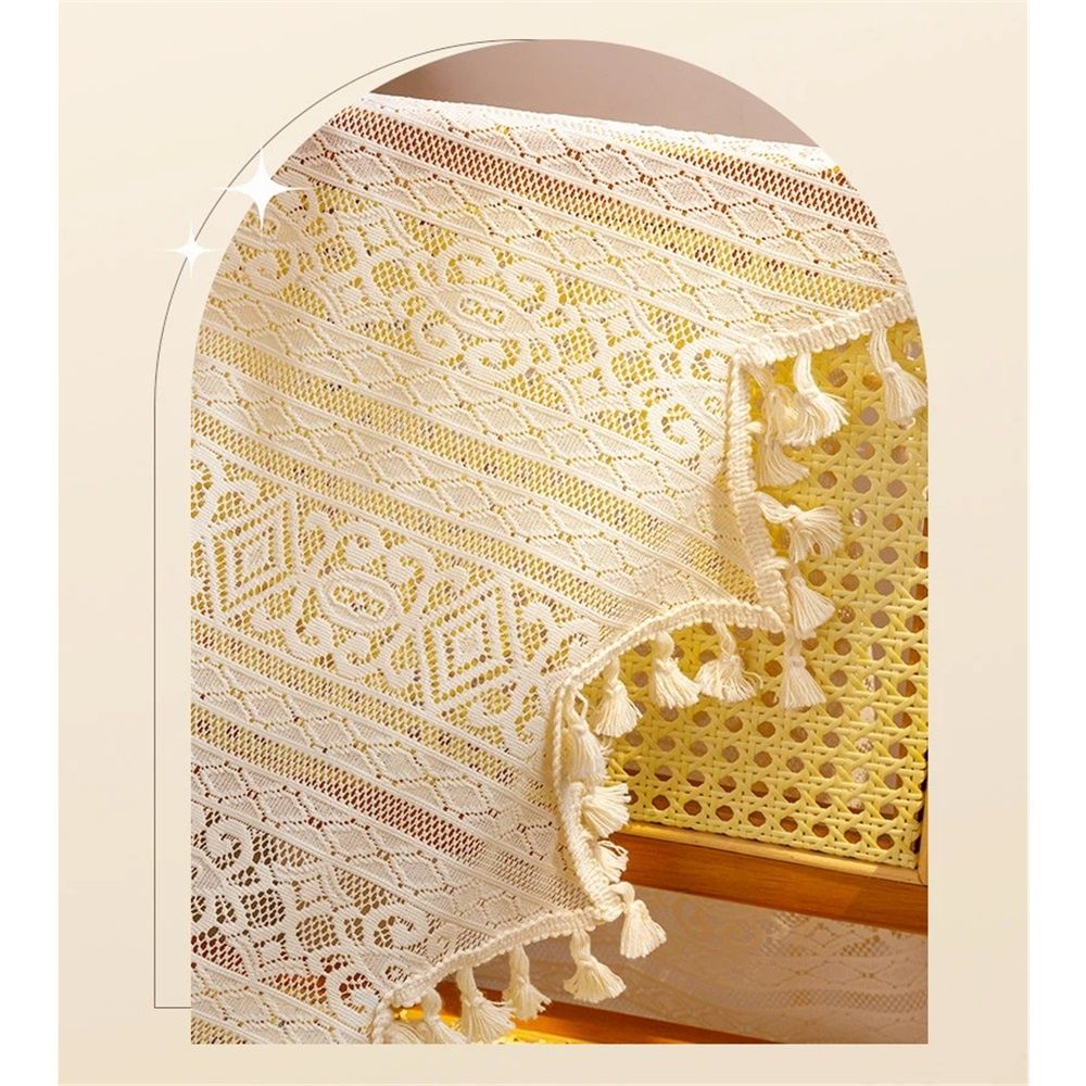 Bohemian crochet lace window decoration kitchen transparent strip tassel retro farmhouse beige country crochet coffee shop curtain 1 piece (beige, 132 * 45cm)