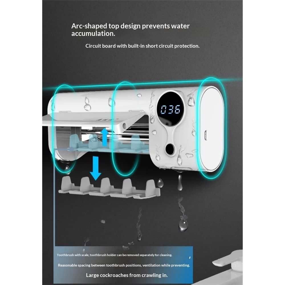 UV Toothbrush Cleaner, Rechargeable Tooth Brush Holder Wall-Mounted for Bathroom, No Drilling, 4 Slots