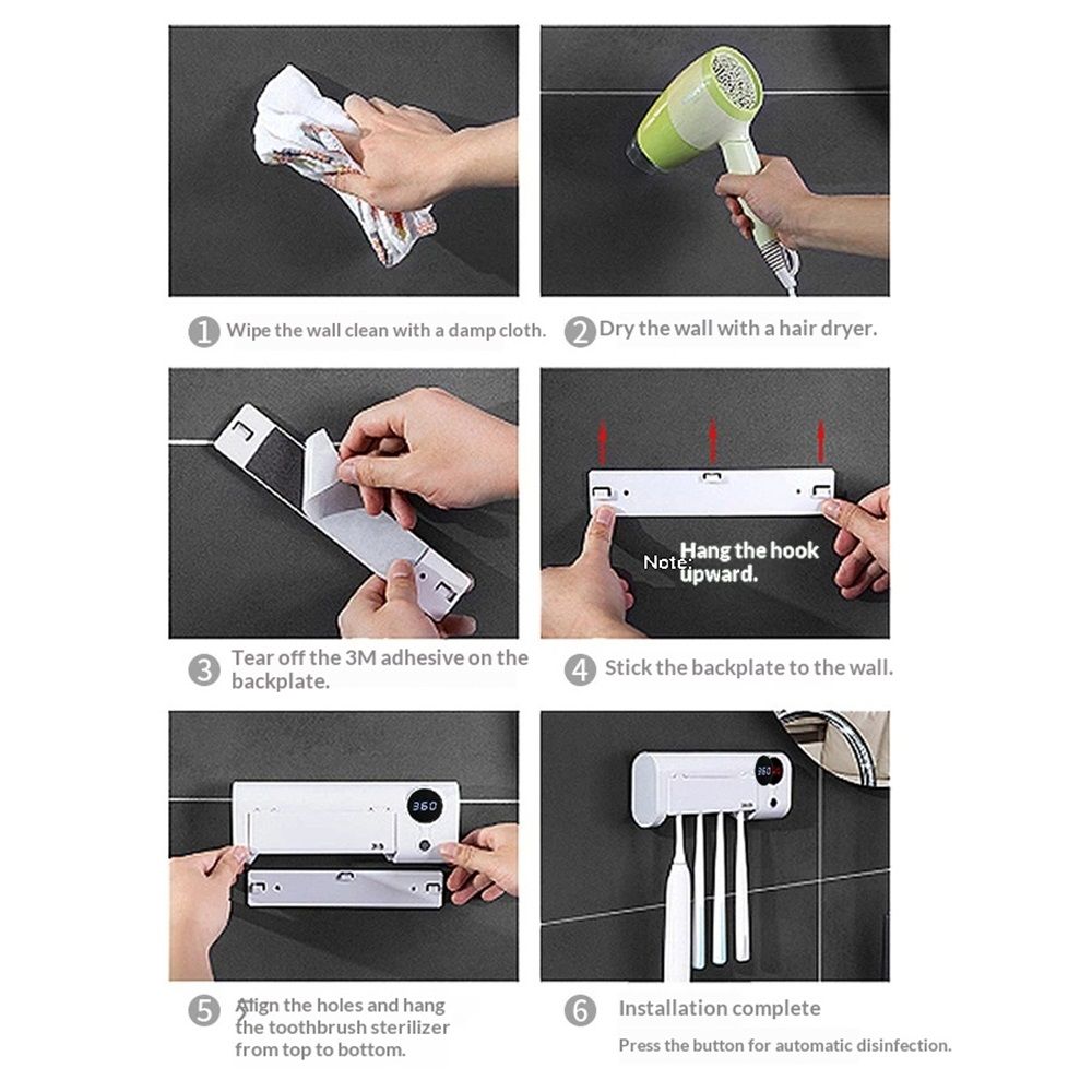 UV Toothbrush Cleaner, Rechargeable Tooth Brush Holder Wall-Mounted for Bathroom, No Drilling, 4 Slots