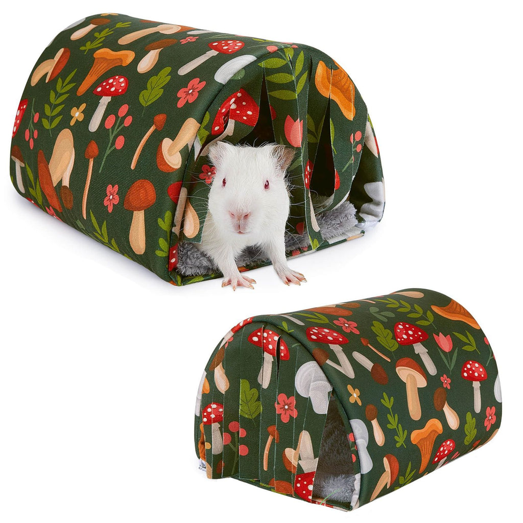 2 pack Guinea Pig Hideout with Curtain and Tunnel - Soft Bed with Cushion - Suitable for Guinea Pig, Hamster, Chinchilla, Bunny - Mushroom