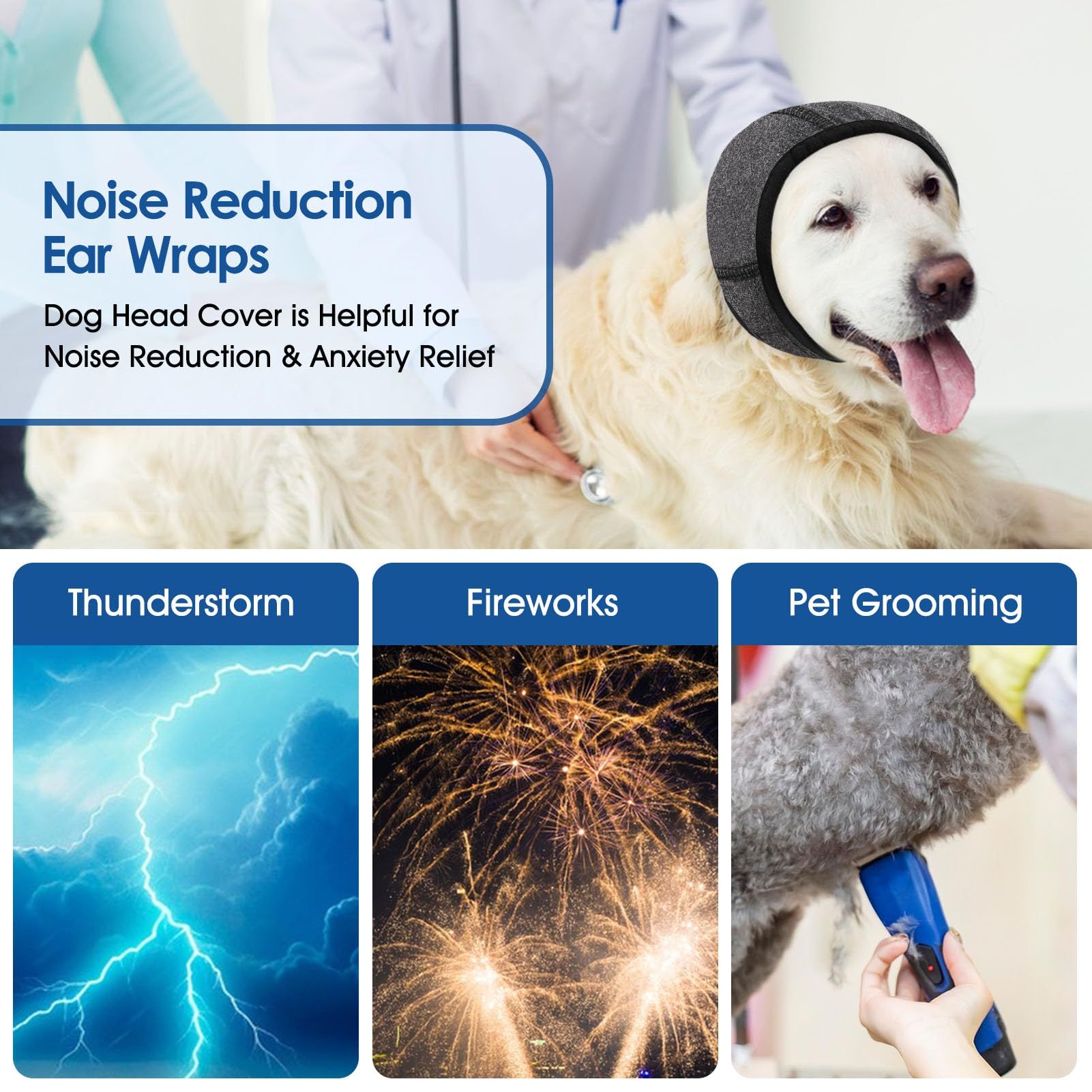 Dog Calming Hoodie - No Shake Ear Wraps for Dogs, Anxiety Relief & Noise Protection, Water Resistant Pet Ear Cover Muffs for Firework, Grooming, Thunderstorms, Swimming, Bathing, Grey M
