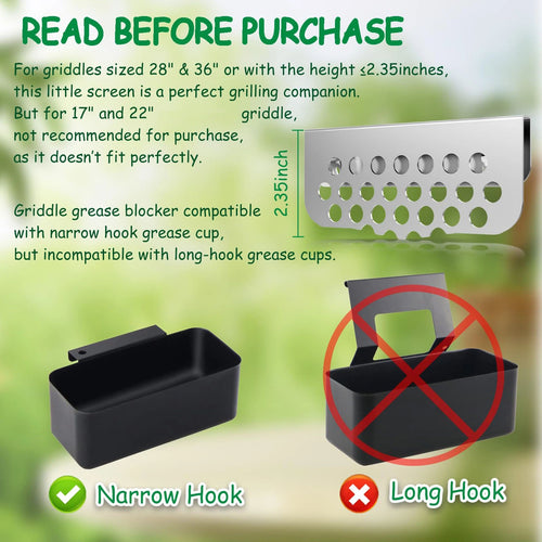 2 Pack Blocker Grease Gate for Cooking Tools, Grilling Mesh Screen Compatible with Many Griddle Accessories(Not For Old-style Long Hook 17" and 22" Blackstone)