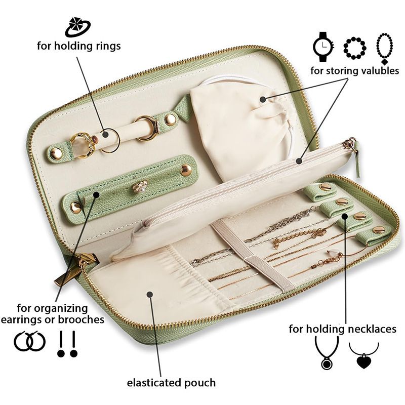 Travel Jewelry Organizer Case - for Tangle-Free Necklaces, Earrings, Rings, Bracelets Storage, Travel Essentials, Fashion Portable Jewelry Travel bags for Women - green