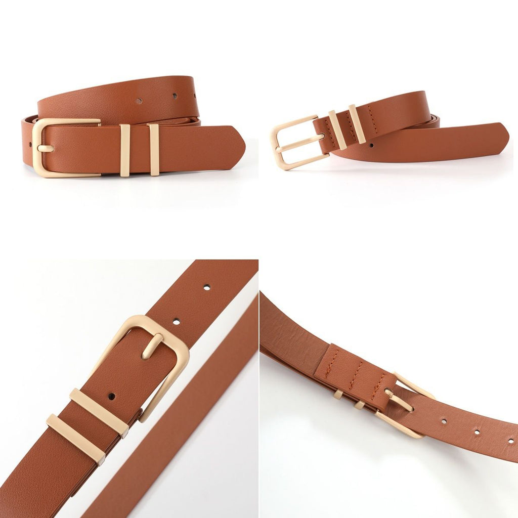 2 pack Women's Leather Belt for Jeans Pants Dresses Fashion Ladies Belt Square Gold Buckle Waist Belt for Women