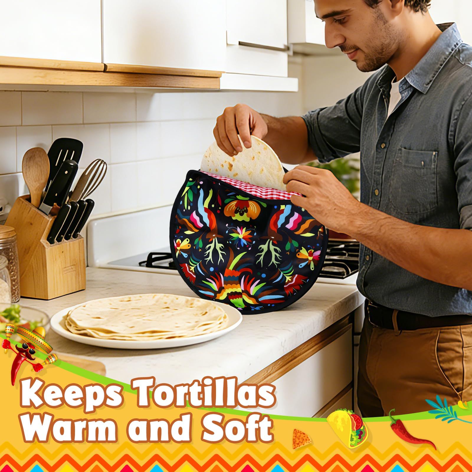 2 Pcs 12 Inch Tortilla Warmer, Tortilla Warmer Pouch for Tortillas, Tacos, Pizza Rolls, Insulated & Microwaveable Fabric Pouch Keeps Warm, Colorful Bird (Black)