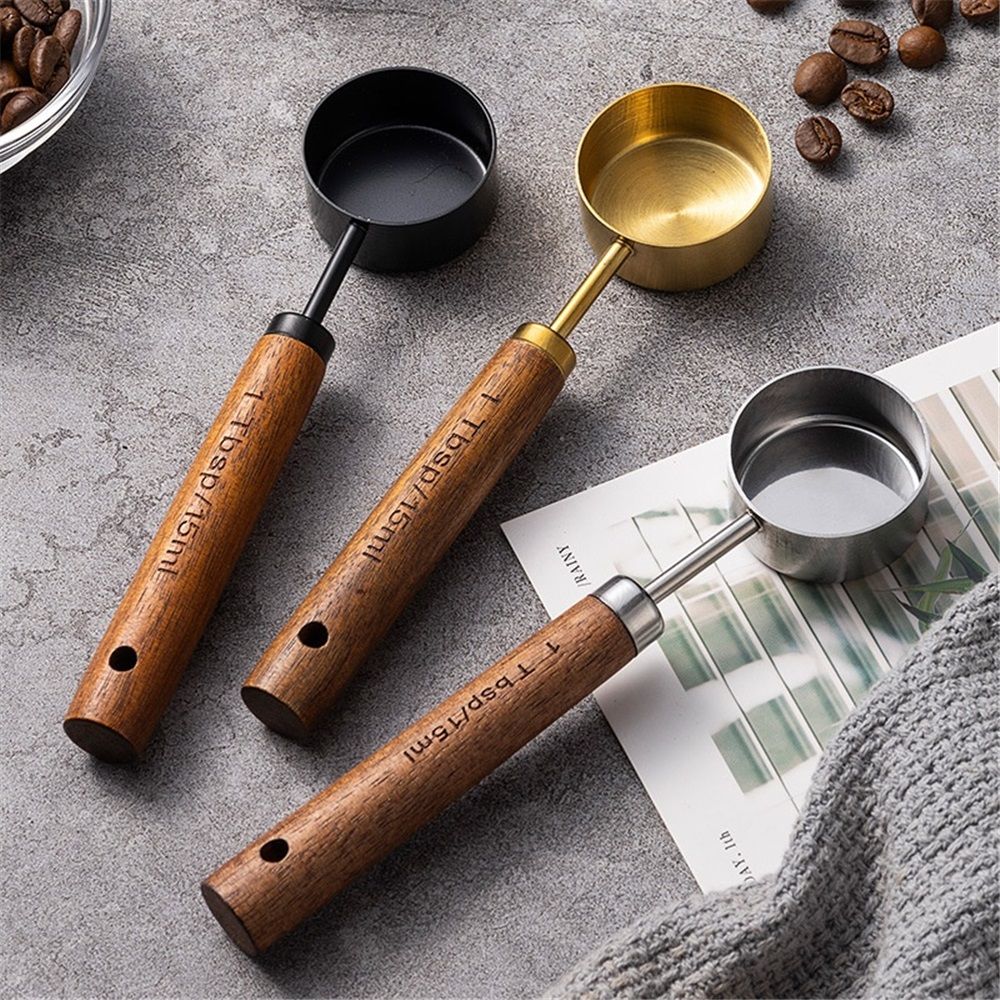 3 pack Stainless Steel & Wood 1 Teaspoon Scoop Coffee Measuring Scoop 1Tablespoon Measuring Spoon Perfect for Coffee, Tea, and More