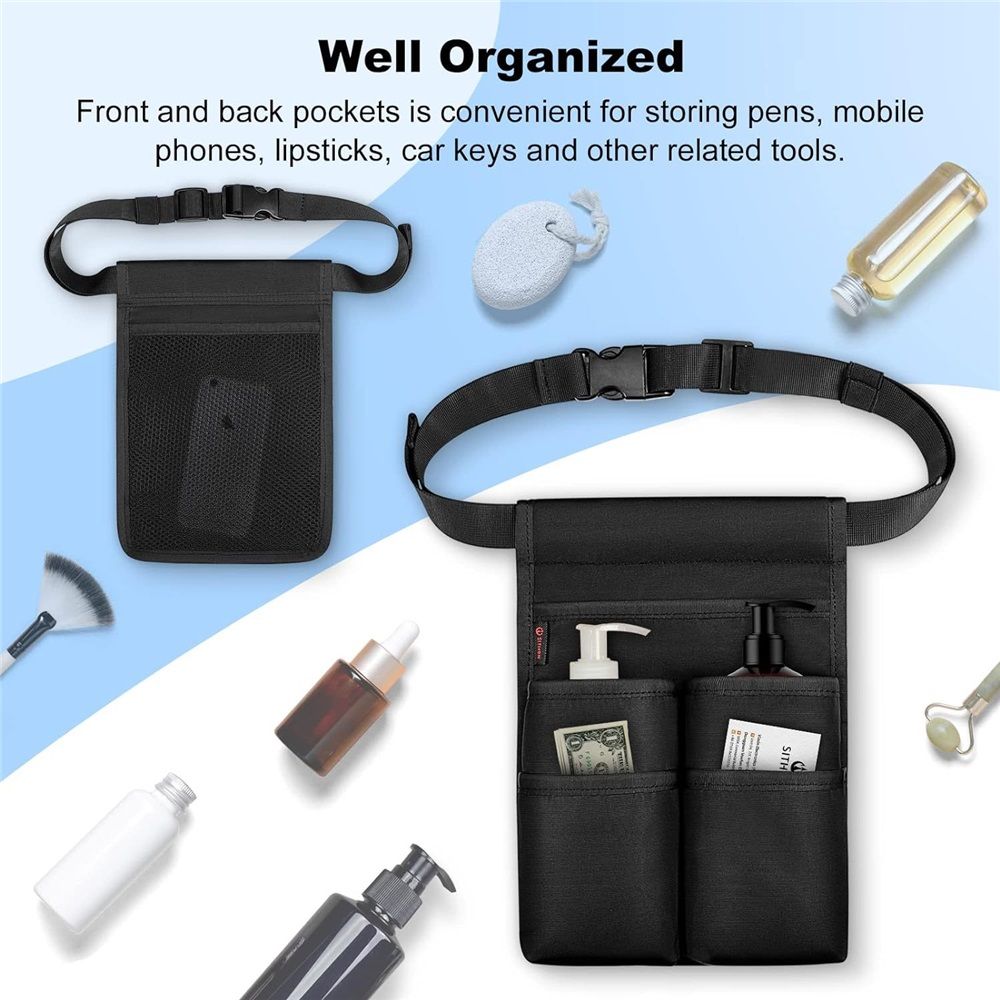 Massage Bottle Bag, Professional Massage Therapist Holster for 2 Bottles, Lotion Oil Waist Holder Organizer with Adjustable Belt, Multiple Pockets (Bag Only) (Black)