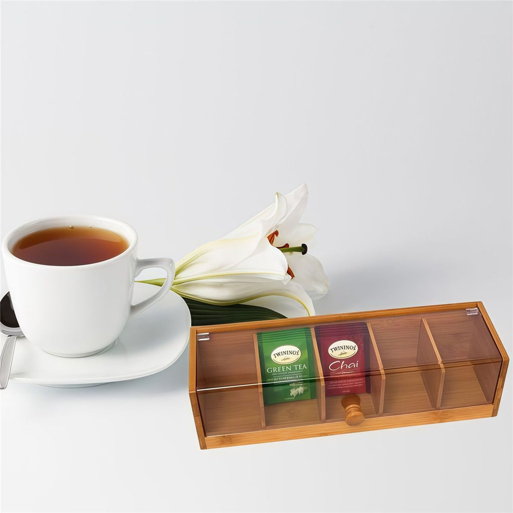 Bamboo Wood and Acrylic Tea Box with 5 Sections,Coffee Station Kitchen Tea Organizer with Compartments, 14.17" x 4.33" x 3.74"