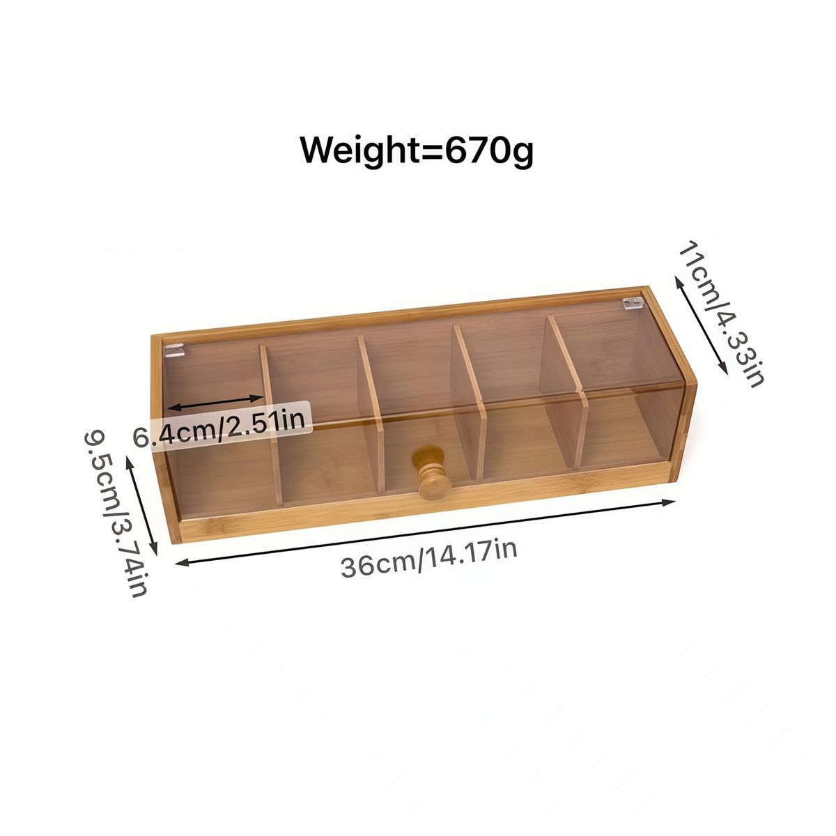 Bamboo Wood and Acrylic Tea Box with 5 Sections,Coffee Station Kitchen Tea Organizer with Compartments, 14.17" x 4.33" x 3.74"